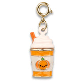 Gold Pumpkin Spice Latte Charm featuring 3D enamel design with smiling pumpkin, perfect for pumpkin spice lovers.