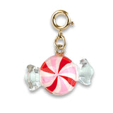Gold Peppermint Candy Charm featuring a red and white swirl design with a gold clasp for ages 3 and up.