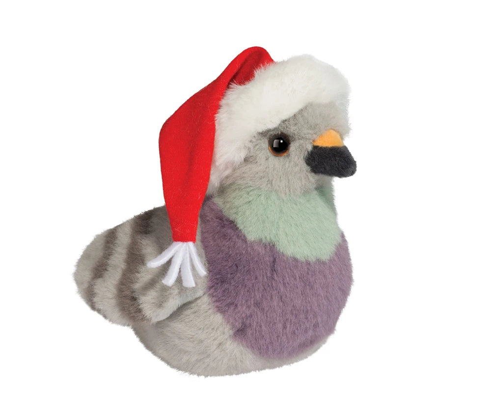 Santa Pigeon plush toy wearing a red Santa hat