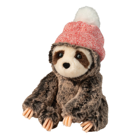 Soft sloth plush wearing a cozy red knit winter hat with a white pom-pom on top against white background