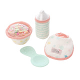 Soft fabric toy feeding set with patterned bib, bottle, bowl with pretend food, and pastel green spoon