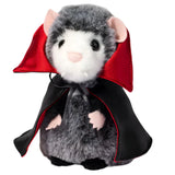 Plush possum wearing a black and red vampire cape with small fangs, standing six inches tall and soft to touch.
