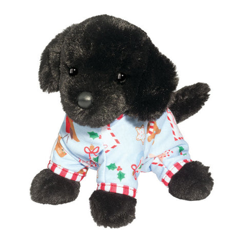 Black Lab in PJs plush dog wearing festive pajamas