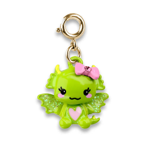 Gold Swivel Dragon Charm featuring a bright green dragon with a pink bow glittery wings and heart detail
