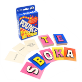 Pounce word game box with colorful letter cards and clue cards