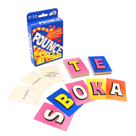 Pounce word game box with colorful letter cards and clue cards
