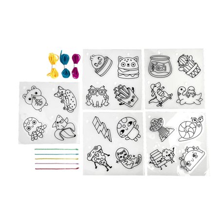 Shrink-Its! Fun Friends DIY shrink art kit with 20 pre-cut charms, cords, and ball chains for creative crafting fun.