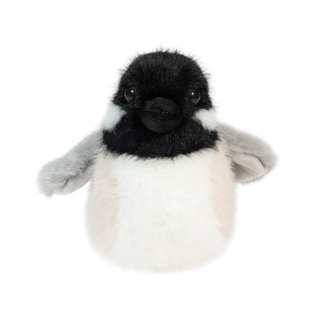 Chickadee Chipper plush toy with black cap, white face, gray wings, and soft cuddly body, perfect for bird lovers.