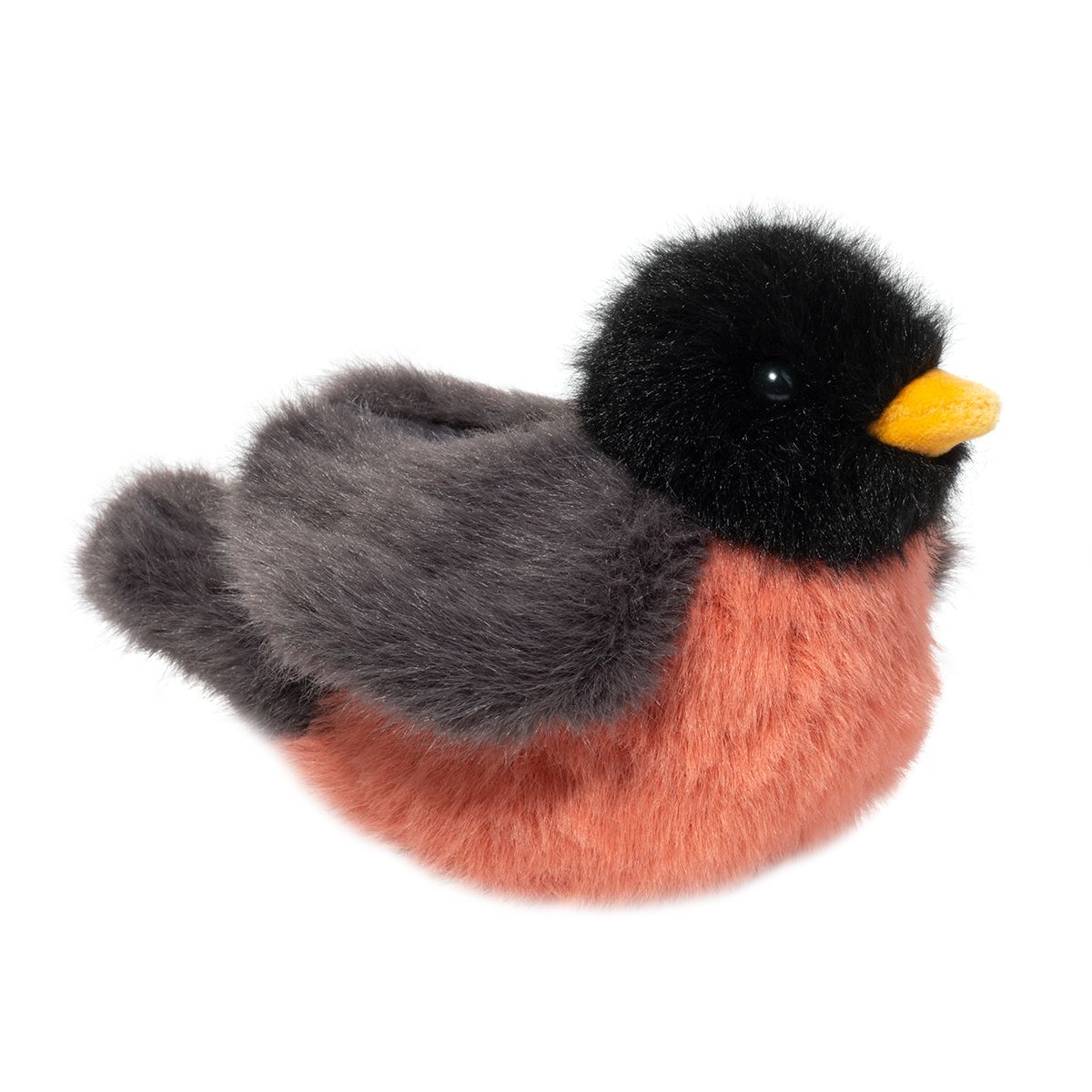 Soft plush bird toy with black head, orange belly, gray wings, and yellow beak on white background