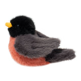 Plush bird toy with black head, orange chest, gray wings, and yellow beak on white background