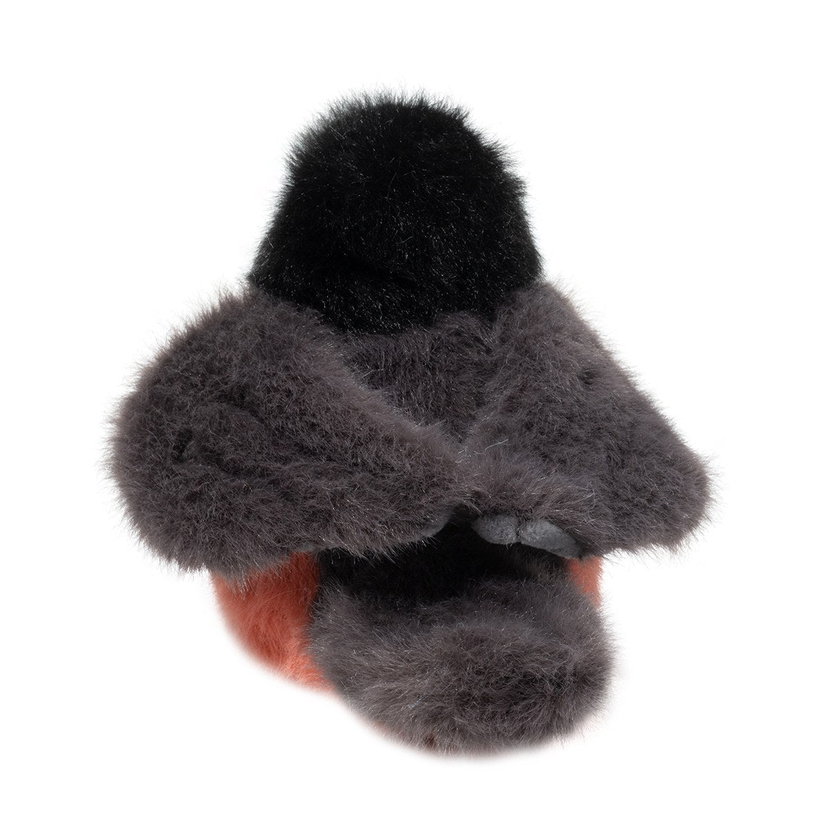 Soft plush bird toy with black head, dark gray wings, and rust-colored belly on a white background