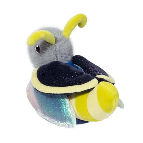 Firefly Flint plush toy with navy blue body, iridescent wings, and yellow glowing tail for imaginative play.