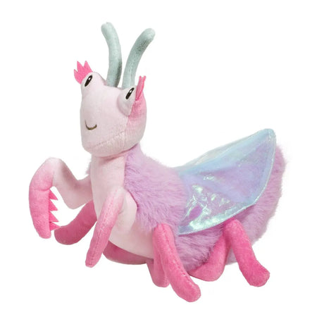 Plush Orchid Mantis Ophelia with pink shades, whimsical eyelashes, shimmery wings, and a lavender body in an alert pose.