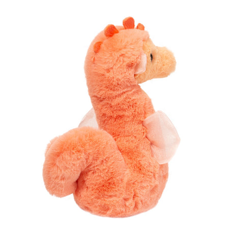 Side view of the colorful plush toy Seahorse Sherbet with velvety crest and gauzy fins.