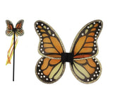 Monarch Wings & Wand set with nylon butterfly wings featuring gold glitter edges and a matching wand with trailing ribbons.