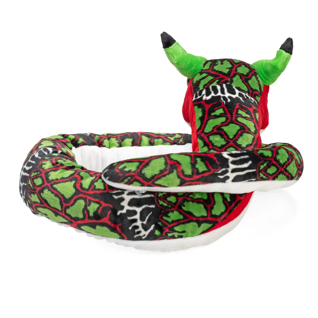 Plush snake-shaped neck pillow with green and red pattern, black and white accents, and bright green horns on white background