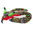 Plush snake toy with green and black patterned body, red underside, and green horns on a white background