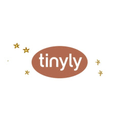 Tinyly logo in a brown oval surrounded by gold stars on a white background