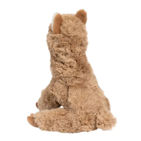 Alpaca Pete plush toy shown from the back with soft tan fur and seated, cuddly position.
