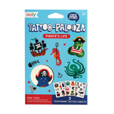 Pirate's Life Tattoos temporary tattoo set with three sheets featuring pirate animal designs on blue background.