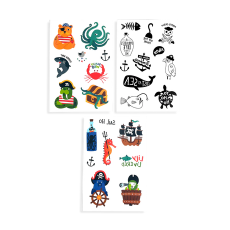 Pirate's Life Tattoos featuring colorful and black-and-white pirate-themed temporary tattoo sheets with animal buccaneers and pirate symbols.