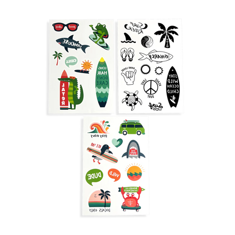 Beach Days Tattoos temporary tattoo sheets with colorful and black-and-white silly beach-themed designs for kids.