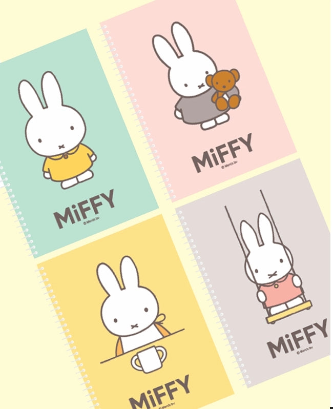 Four spiral notebooks featuring the white bunny Miffy in different poses on pastel-colored covers