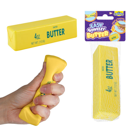 Easy Sqweezy Butter Mega yellow butter shaped squeeze toy in packaging
