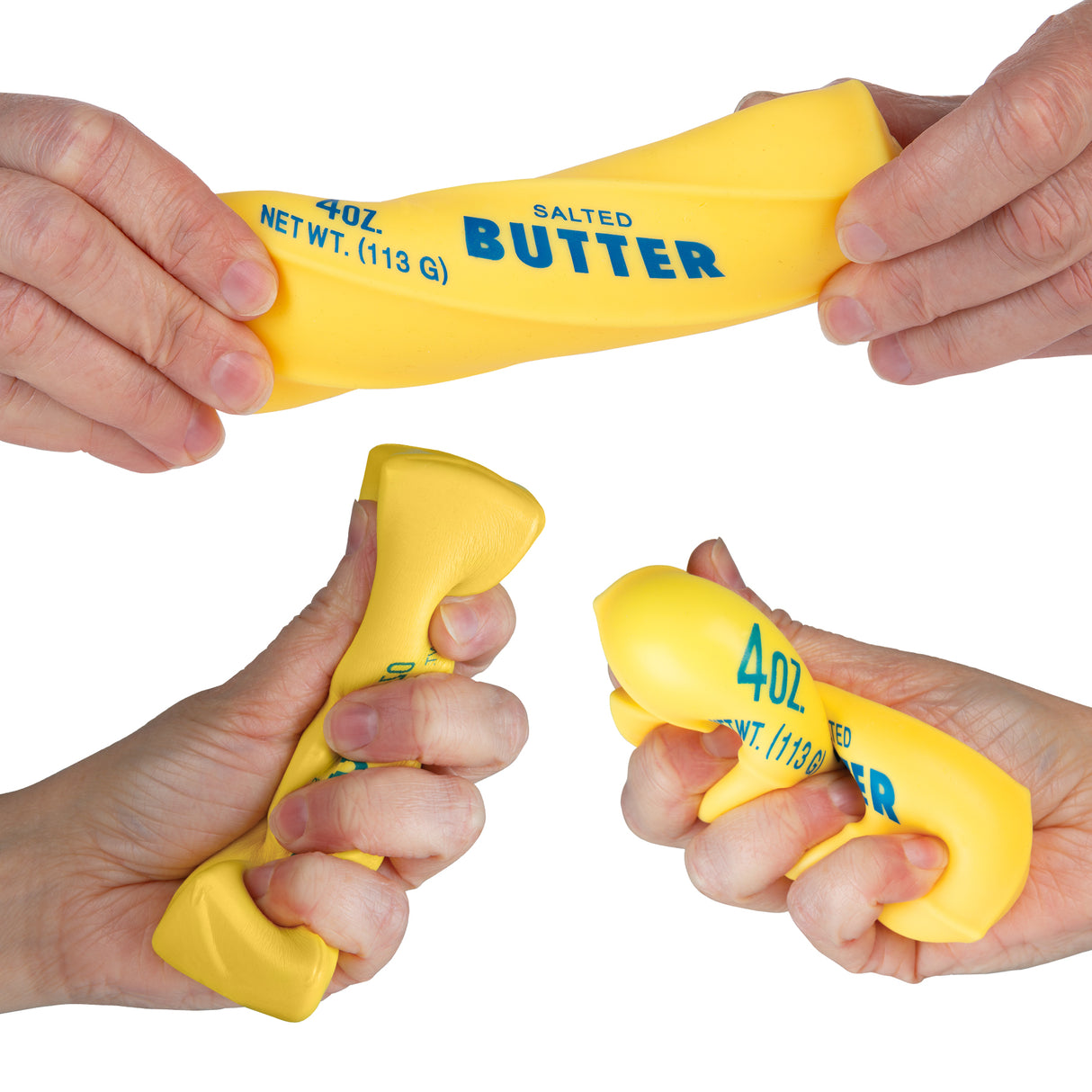 Easy Sqweezy Butter Mega yellow stretchy sensory toy being squeezed by hands