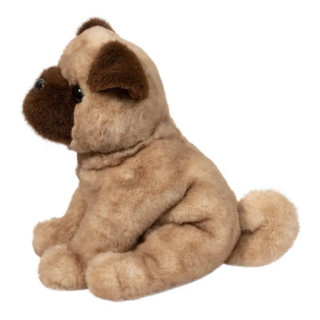 Pug Milo plush stuffed animal sitting with soft fur, chocolate face mask, floppy ears, and curled tail.