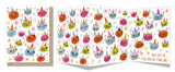 Tri-fold card featuring colorful, whimsical cats wearing birthday hats with playful stars on a white background