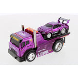 Purple muscle machine transporter carrying a matching purple sports car with detailed graphics and chrome wheels