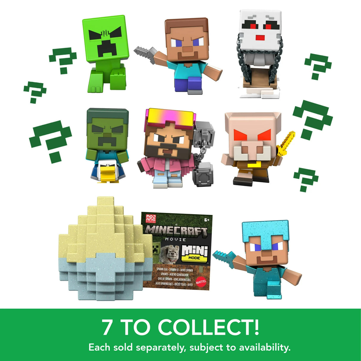 Minecraft Mini Mode Spawn Egg featuring seven collectible mini figures in animated poses with themed capsules.