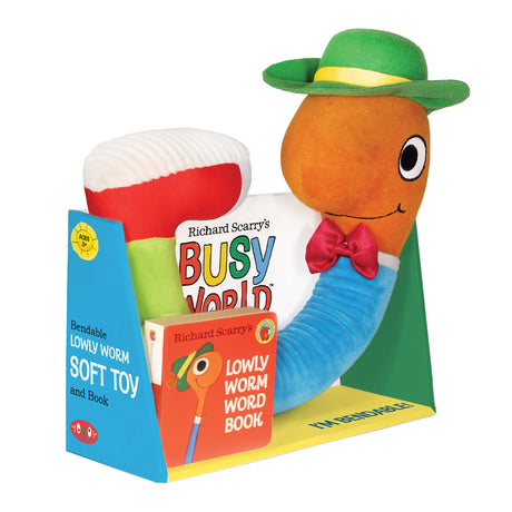Soft bendable Lowly Worm toy with green hat and bow tie, packaged with a colorful book from Richard Scarry’s Busy World series