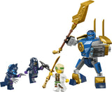 Ninjago Jay's Mech Battle Pack with posable mech, 4 minifigures, golden swords, claws, crossbow, and action accessories.