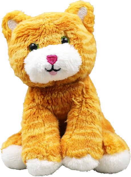 Soft orange plush kitten with white paws and snout, green eyes, and a friendly pink nose and mouth