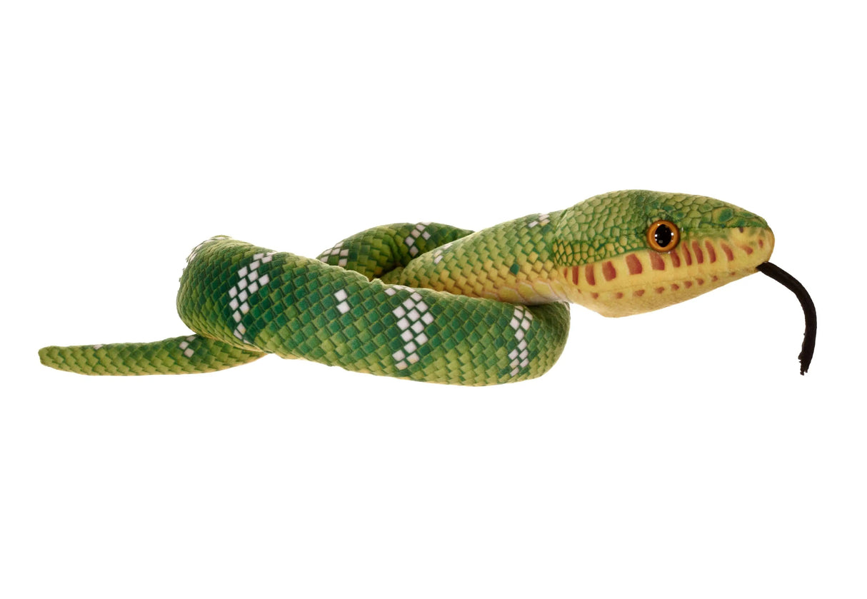 Green snake plush toy on a white background