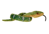 Green snake plush toy on a white background