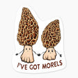 Cute cartoon morel mushrooms holding hands with the pun phrase I've Got Morels underneath in brown text