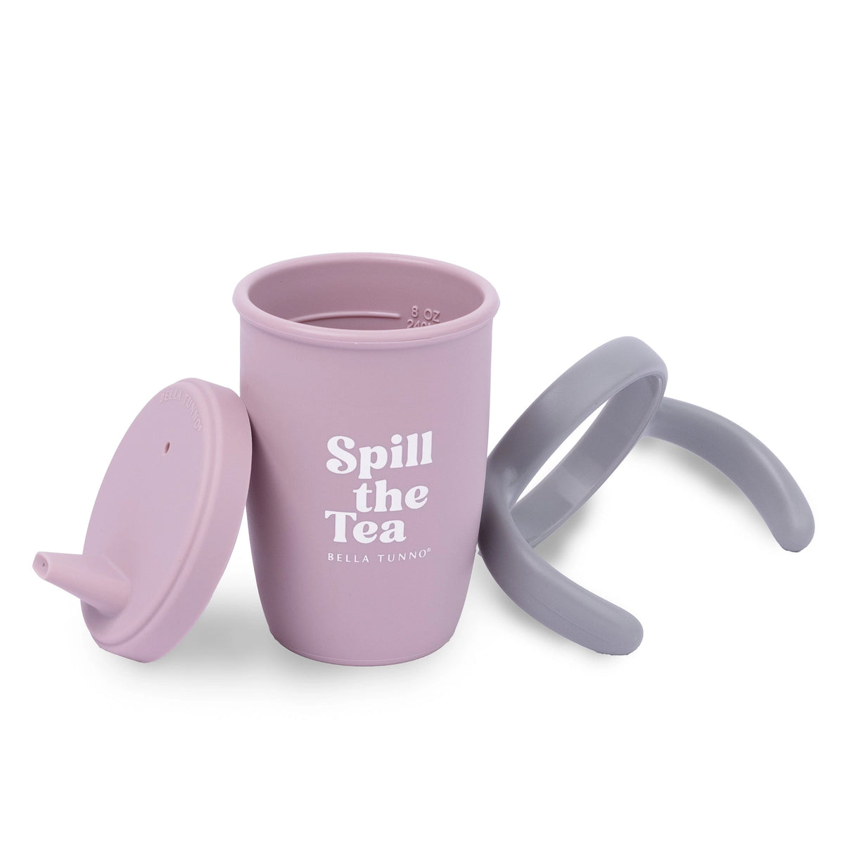 Lilac toddler cup with spill-proof lid and gray handles featuring "Spill the Tea" text in white letters