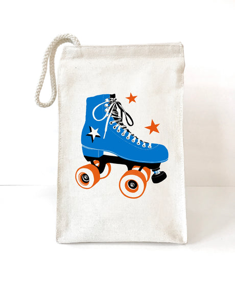 Lunch Bag | Roller Skate with blue skate graphic and orange stars on white recycled cotton fabric tote.