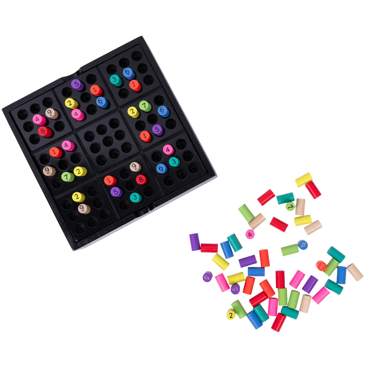 Sudoku game board with colorful numbered pegs and loose pieces for hands on play