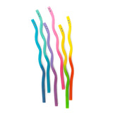 Six colorful wavy reusable straws in shades of blue, green, purple, pink, yellow, and orange with small eyes on top