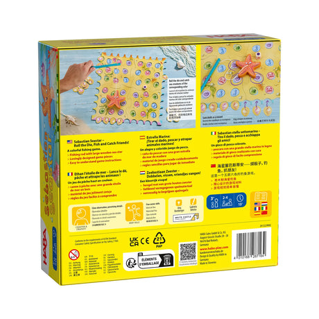Back view of colorful Sebastian Seastar fishing game box showing game board, starfish fishing tool, and instructions.