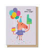 Birthday card with a cheerful horse wearing a party hat holding balloons and cake with Happy Birth-neigh text