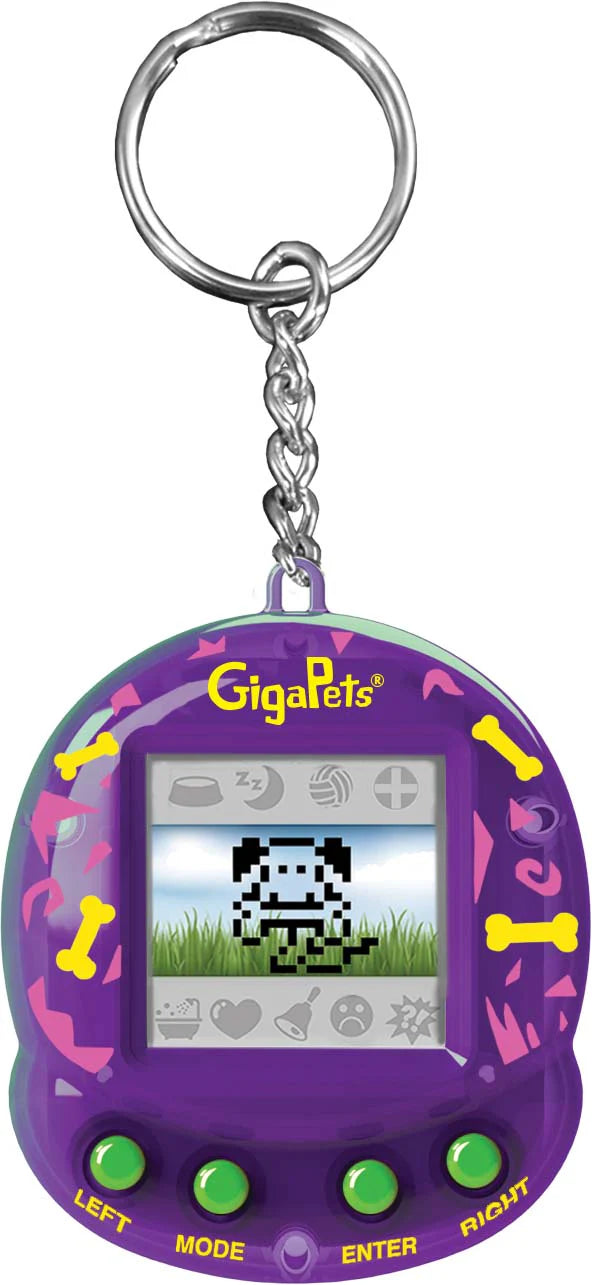 GigaPets Pixel Puppy virtual pet keychain in purple with pixel dog and green buttons for interactive play.