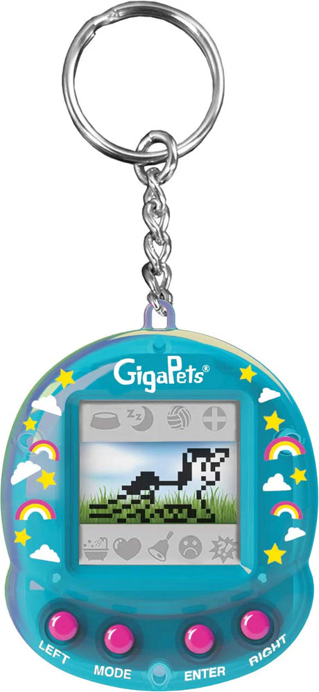 GigaPets Virtual Unicorn keychain toy with retro pixel pet design, blue translucent shell, and four pink control buttons.
