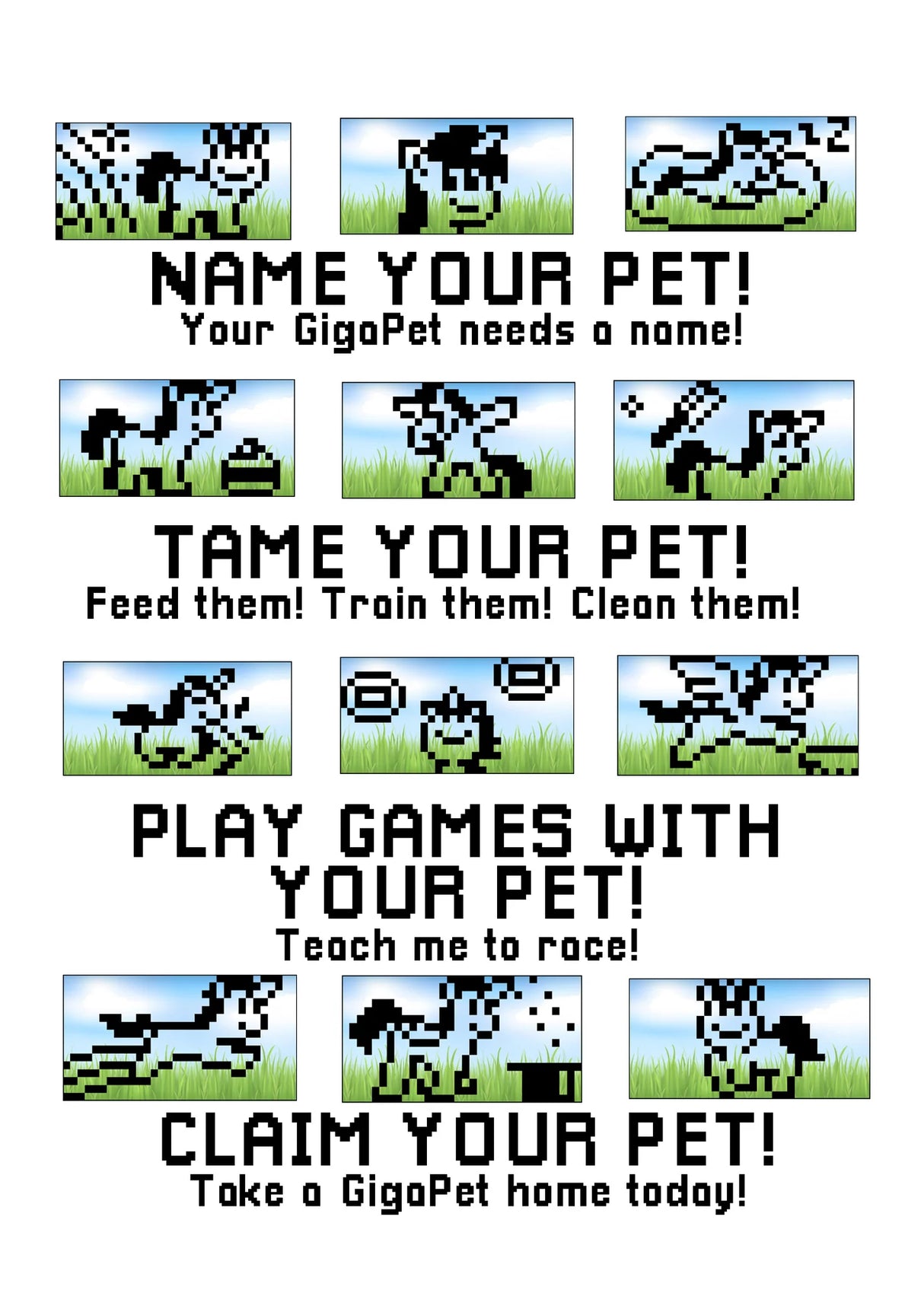 GigaPets Virtual Unicorn pixel art showing pet care steps: naming, feeding, playing games, and claiming your pet.