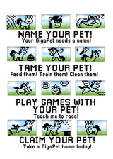 GigaPets Virtual Unicorn pixel art showing pet care steps: naming, feeding, playing games, and claiming your pet.