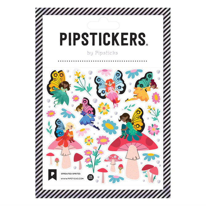 Sprouted Sprites Stickers featuring colorful fairies with butterfly wings and flowers on a clear backing sheet.